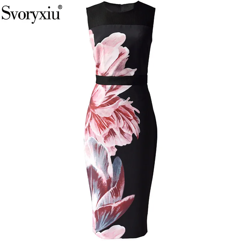 

Svoryxiu Runway Summer Vintage Black Sleeveless Dresses Women's Elegant Flower Print Fashion High Waist Package Buttocks Dress