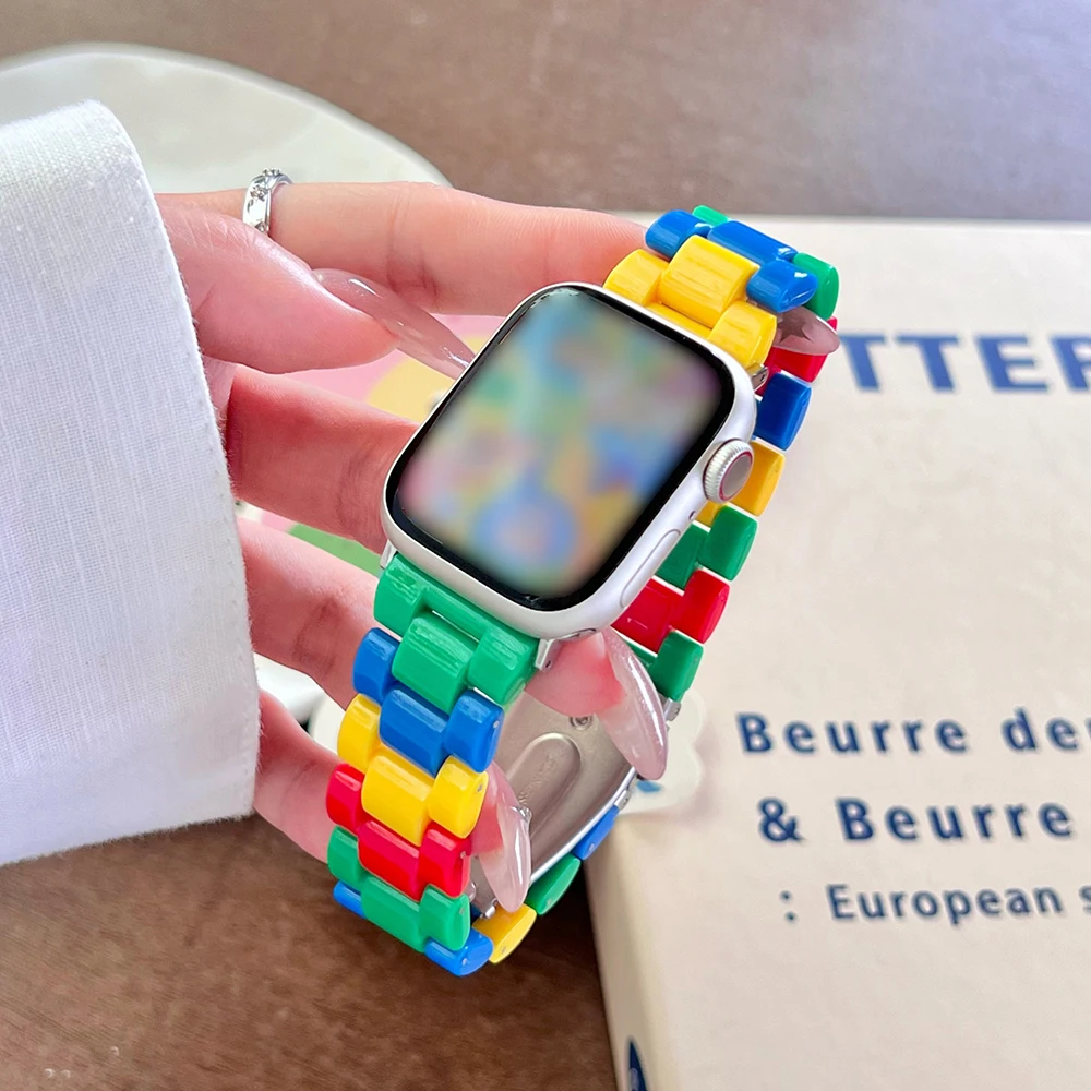 Korean Cute Colored Building Blocks Acrylic Strap For Apple Watch Band 49 41 45 44 42 46 Girl Wrist Bracelet For iWatch 10 9 8 7