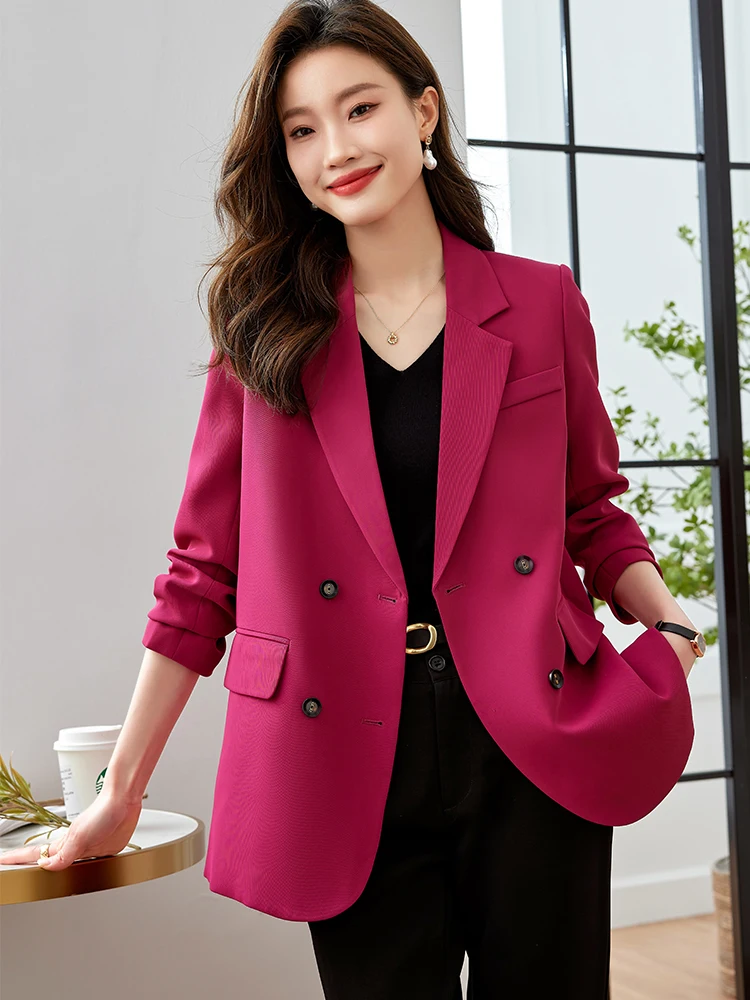 Fashion Women Blazer Pink Black Coffee Female Long Sleeve Double Breasted Loose Casual Ladies Jacket