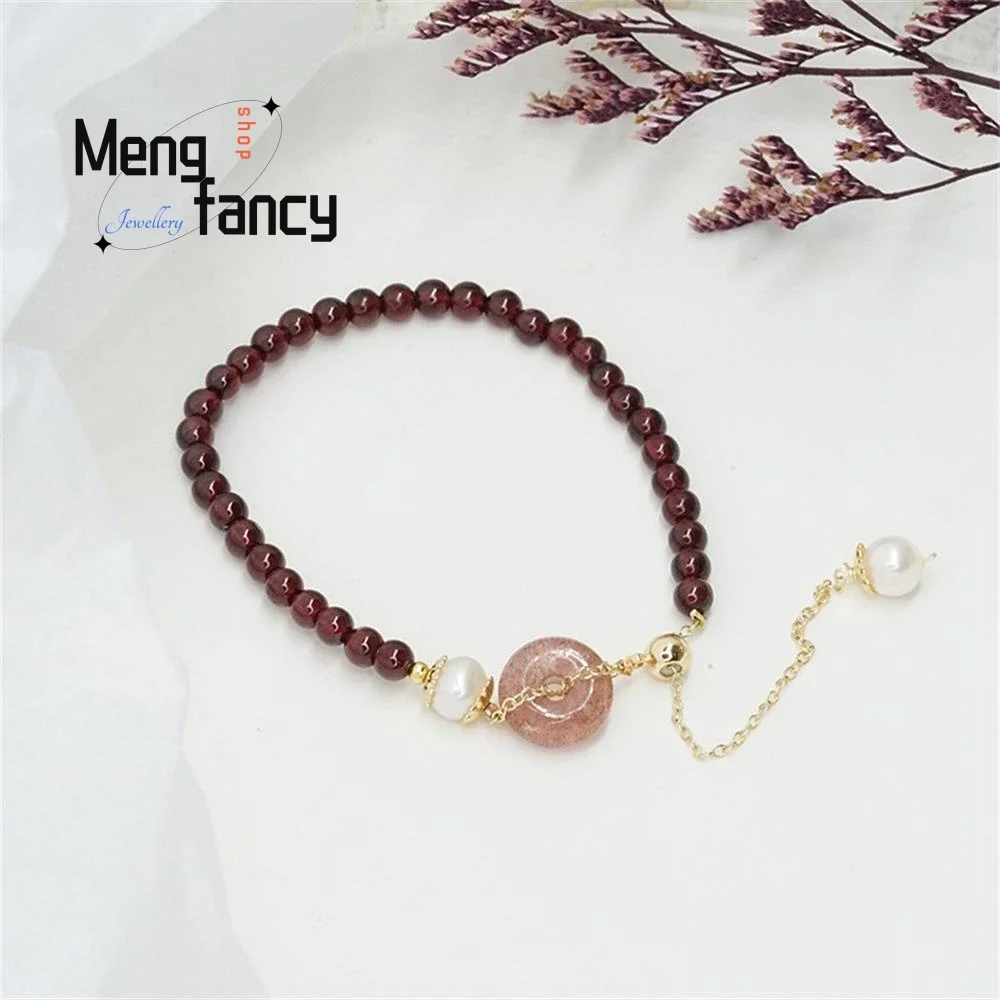 

Natural Jadeite Peace Button Bracelet Female Strawberry Crystal Garnet Simple Elegant High-grade Exquisite Fashion Fine Jewelry