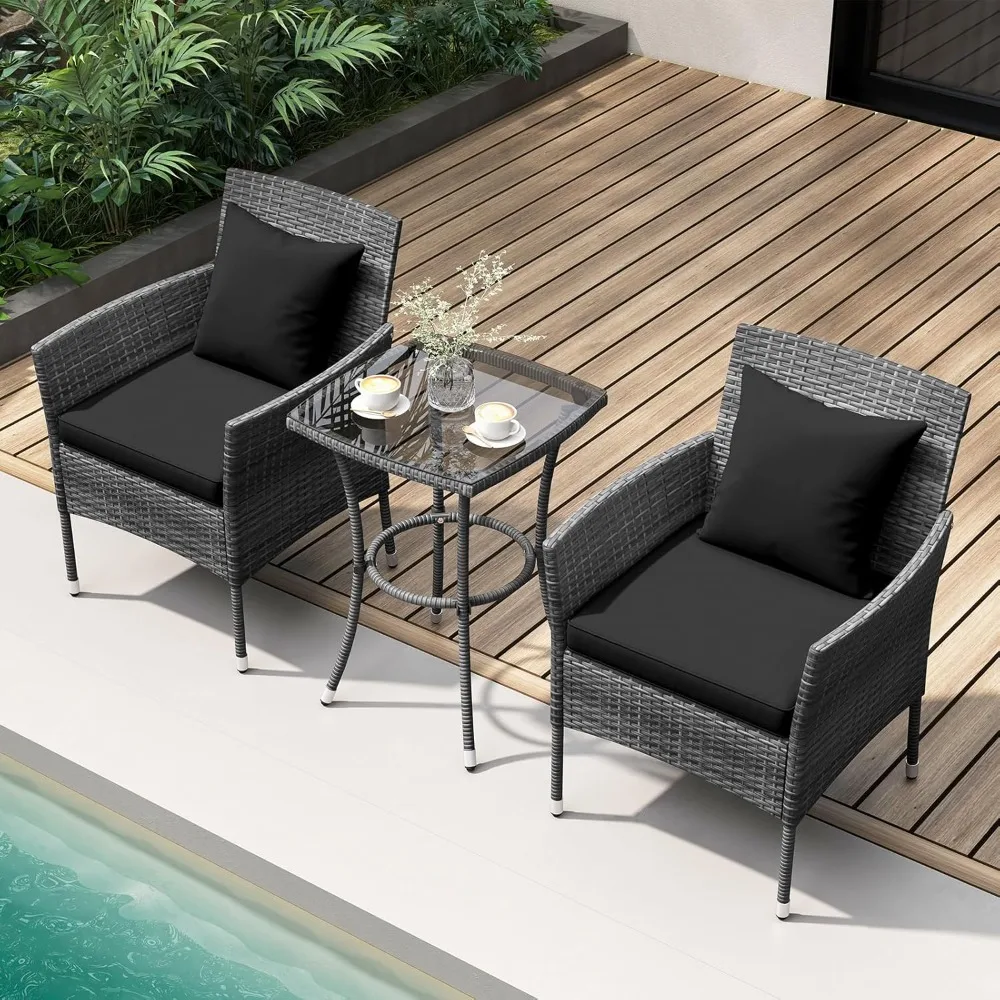 

3 Pieces Patio Furniture Set, PE Rattan Outdoor Conversation Set with Tempered Glass Table & Soft Cushions,Wicker Bistro Set