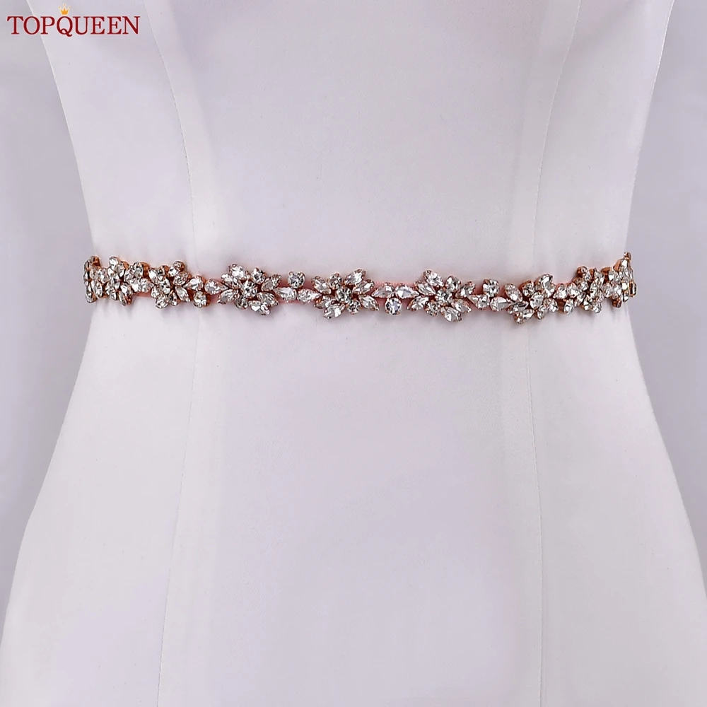 TOPQUEEN Full Rhinestone Bridal Thin Belt Diamond Flower Belt Bridal Sash for Wedding Dresses Bridesmaid Belt S437-RG