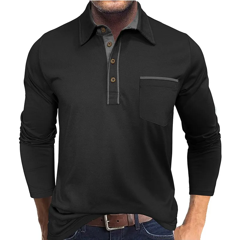 Cross-border men's lapel contrasting color pocket long-sleeved POLO shirt foreign trade men's casual button daily T-shirt simple