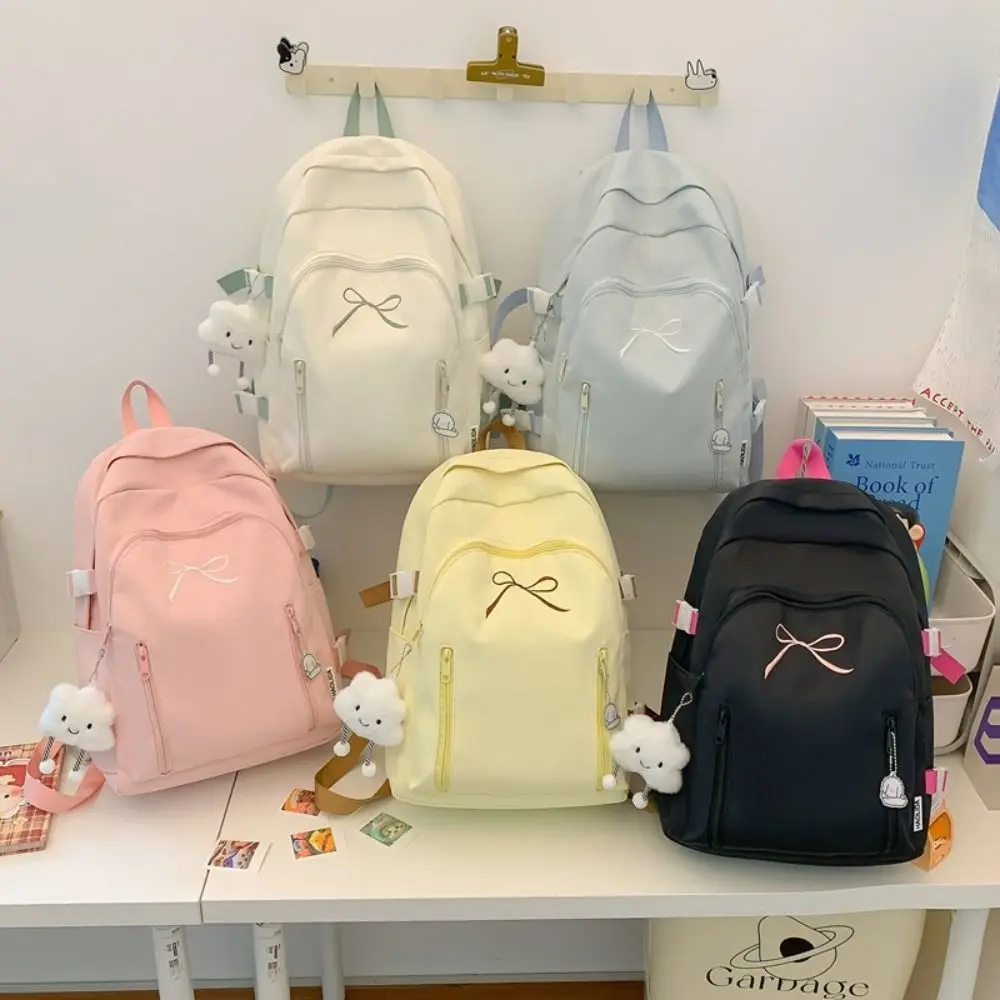 

Sweet Casual Student Schoolbag Solid Color Simple Bow Backpack Book Bag Waterproof Nylon Shoulder Bag Travel Backpack