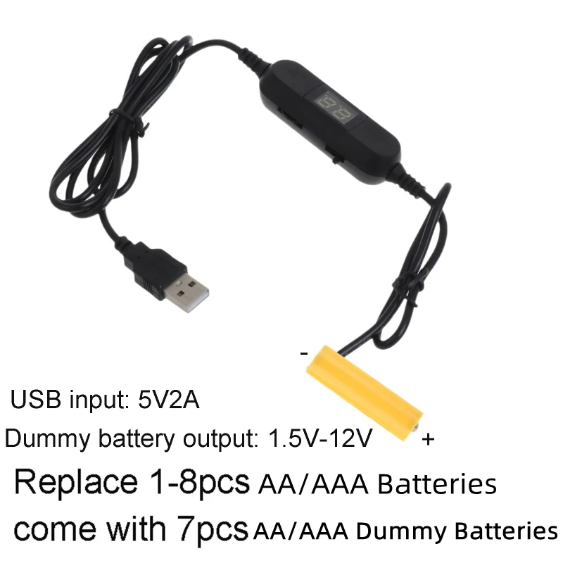 1.2M USB to 1.5V-12V AA/AAA Battery Eliminator Univeral Adjustable Voltage AA/AAA Dummy Battery Cable Replace 1-8pcs Batteries