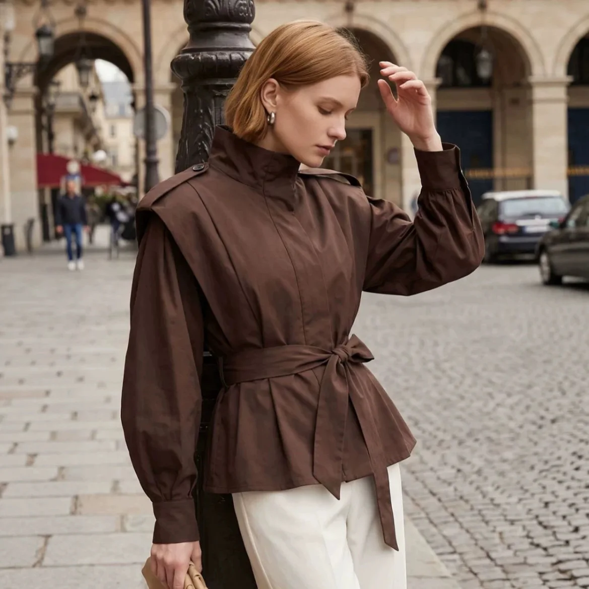 Women Stand‑Collar Tie‑Belt Waist‑Defined Outerwear For Autumn Winter Street Commuter Daily Wear Windbreaker Women's Jacket