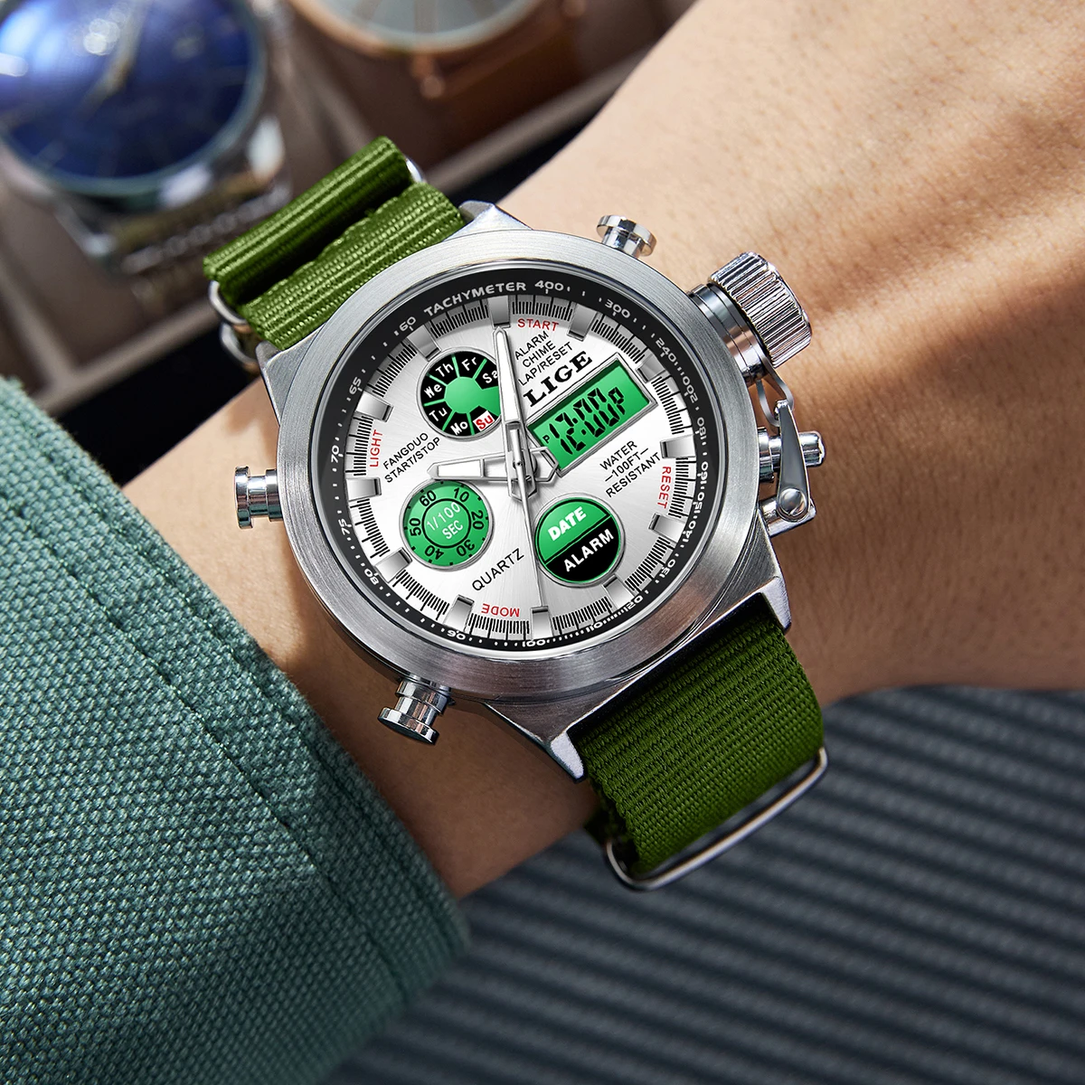 LIGE Top brand luxury watches mens 2026 electronic fashion LED dual display luminous week alarm clock quartz military male watch