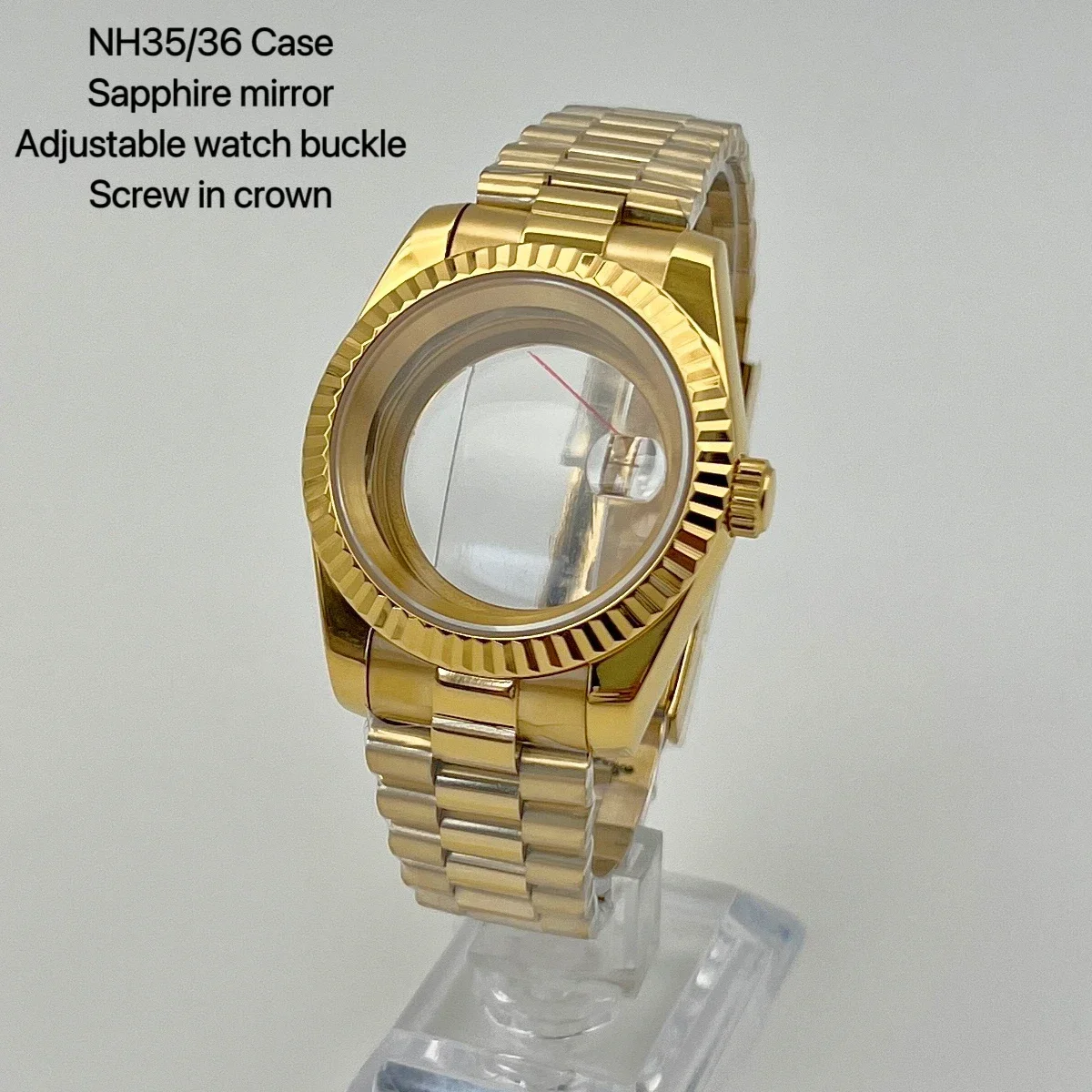 Caja NH35 de oro completo de 39mm, correa para presidente de ostra jubileo, pulsera de cristal de zafiro para piezas de reloj de movimiento NH35 NH36