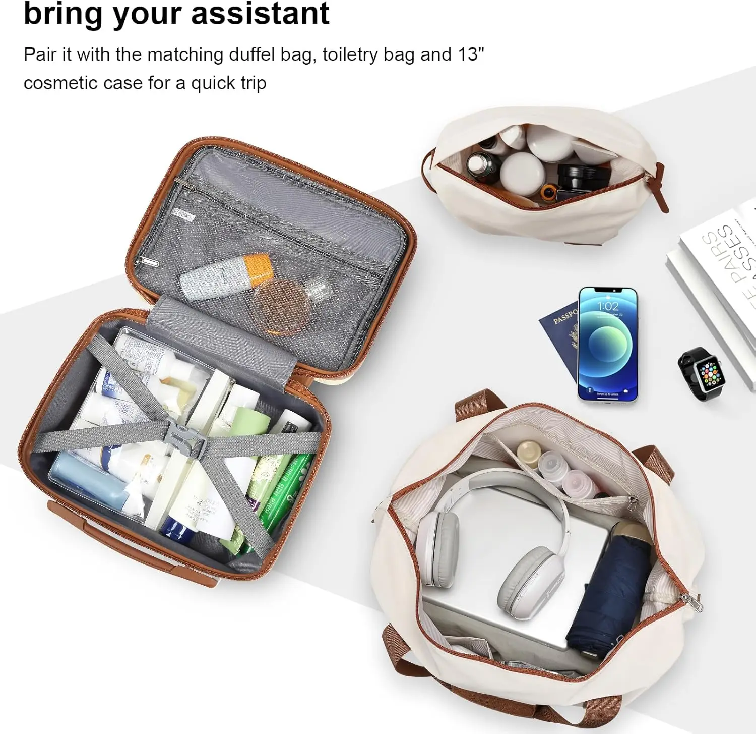 20インチ拡張可能なスピナー スーツケース TSAロック付き、4ピースハードシェル荷物セット（ホワイトブラウン）