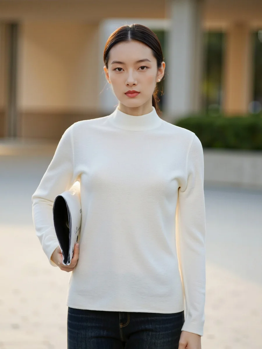 Birdtree، قميص داخلي صلب 100% من الصوف الخالص، قميص نسائي محبوك برقبة وهمية، بلايز بأكمام كاملة، مناسب للجسم، شتاء 2025 جديد T5D523JF