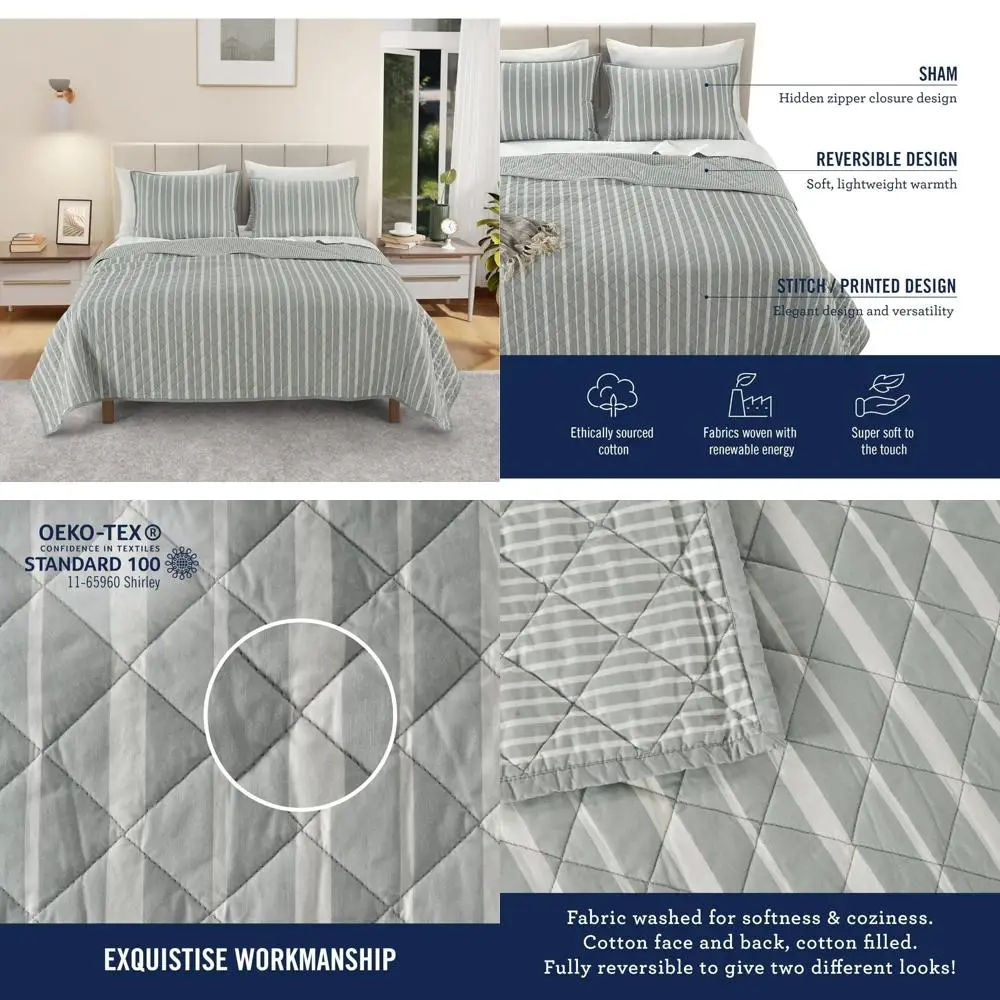 

King Size Cotton Percale Quilt Set, Ultra-Soft and Reversible, Wrinkle-Resistant 3-Piece Bedding