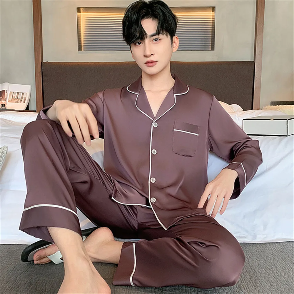 

Spring Autumn Men's Long Sleeve Solid Color Satin Sleepwear Thin Ice Silk Home Clothes Set Pajamas Home Comfortabl