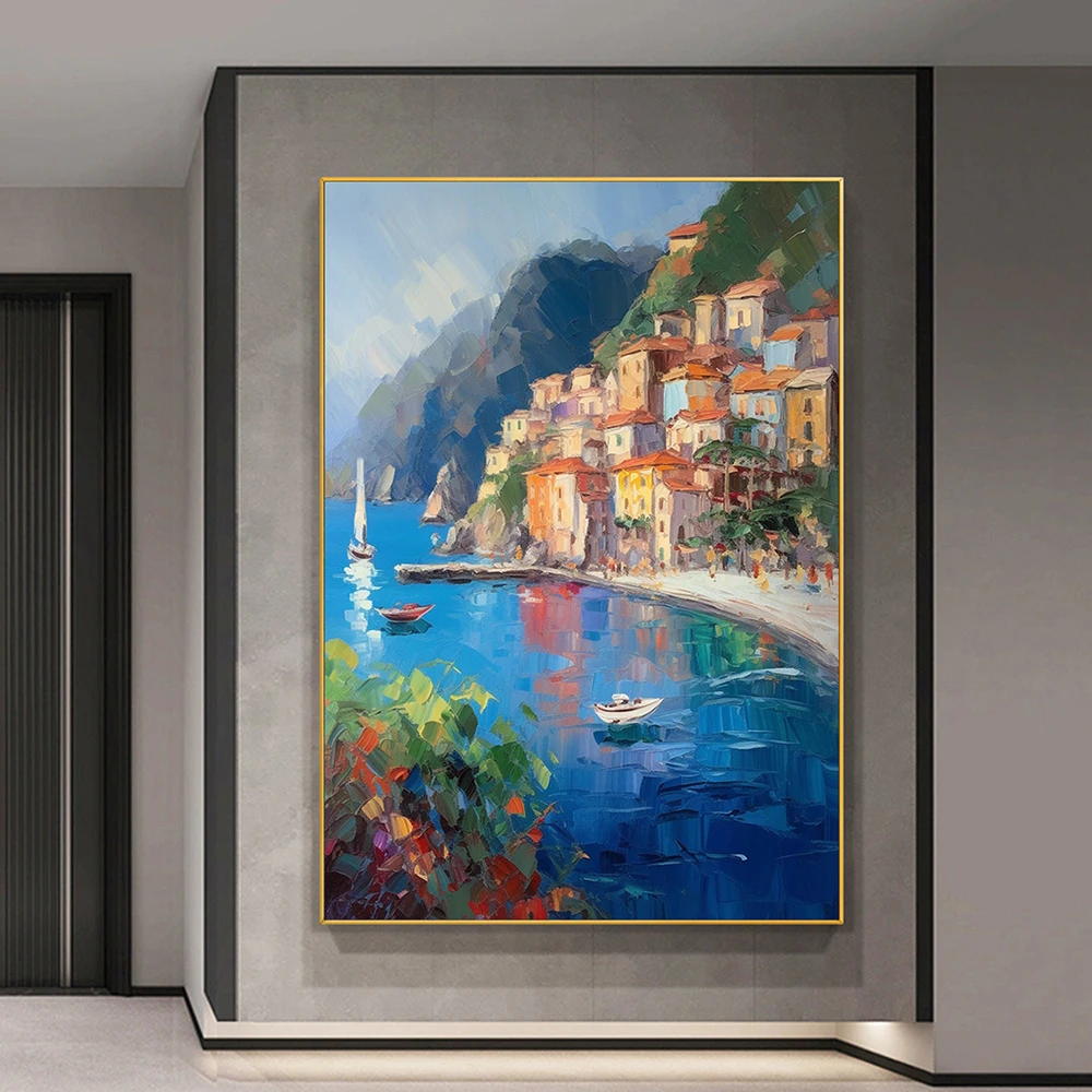 Hand Painted Oil Painting Mediterranean Landscape Oil Painting Coastal Beach Texture Oil Painting Wall Art Decor for Bedroom