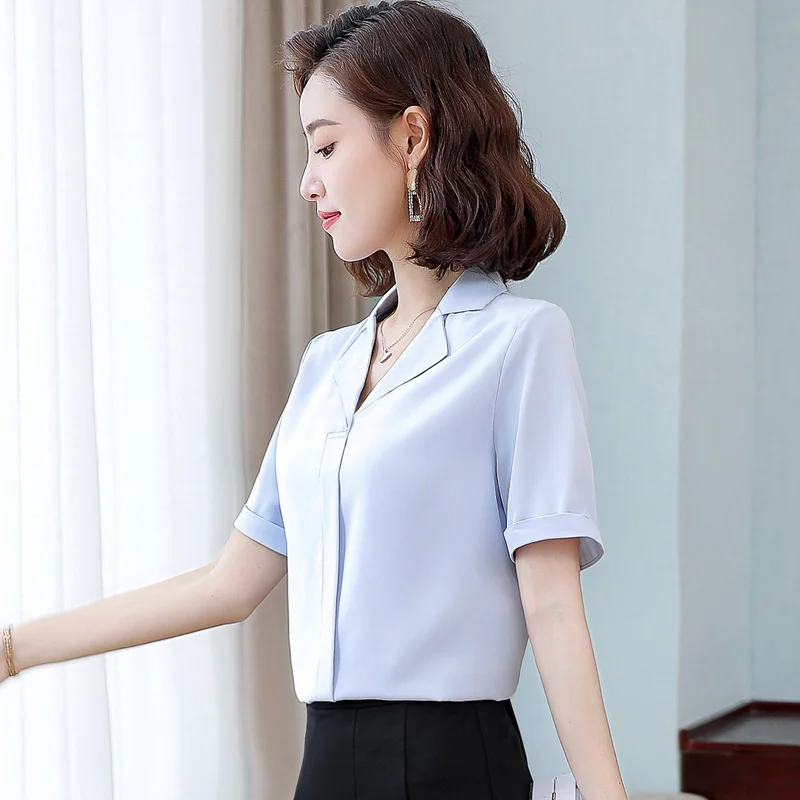 New Korean Style Fashionable Versatile Short Sleeved Chiffon V-Neck Top For Women'S Summer Thin Style Professional Dress Shirt