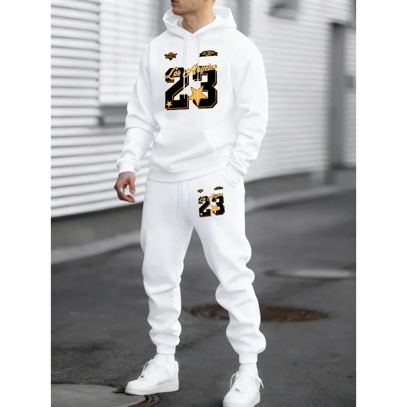 2026 New Arrival No. 23 Printed Autumn and Winter Men's Hooded Sweatshirt and Long Pants Set Jogging Pants