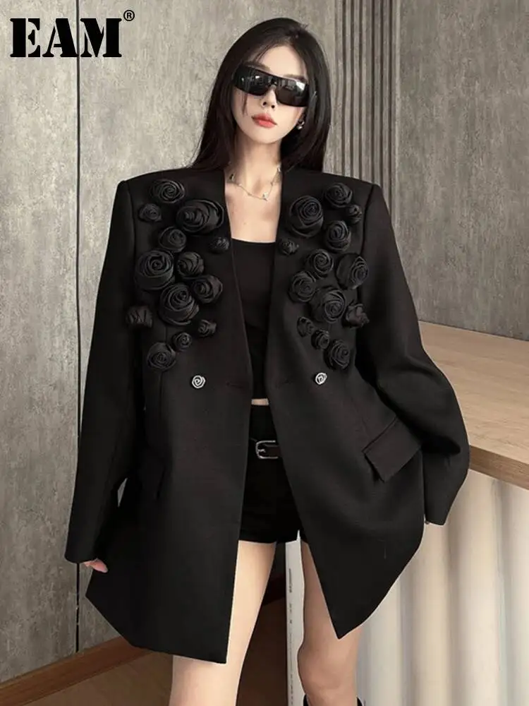 EAM mujeres negro talla grande 3D rosas Blazer solapa nueva manga larga chaqueta suelta moda marea primavera otoño 2025 30A3059