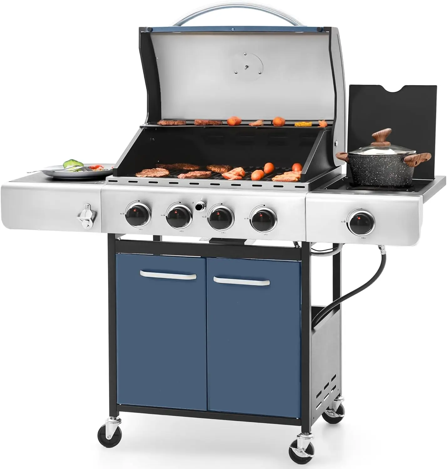 

4-Burner Gas BBQ Grill with Side Burner and Porcelain-Enameled Cast Iron Grates, 42,000BTU Propane Grills Outdoor Cooking