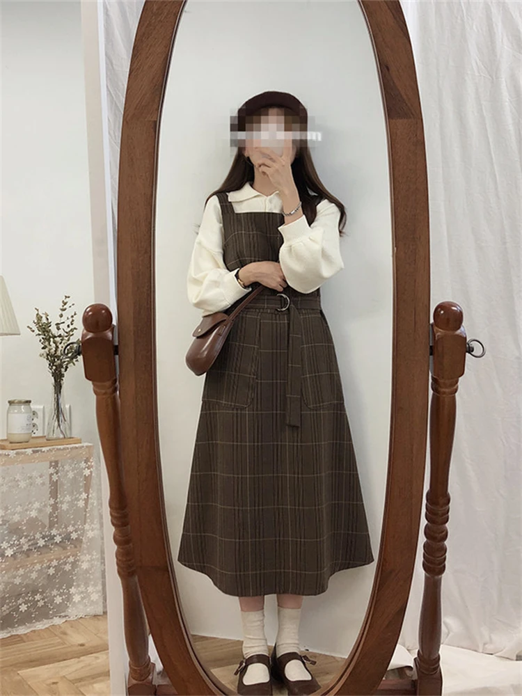 Women Dress Girls Winter Fall Party Female Vintage Sundress Brown Plaid Sundress Women Dresses Long Robe Vestido Preppy Plaid