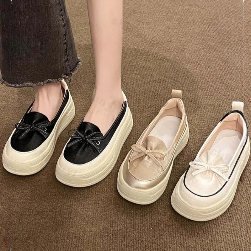 

Women's Elegant Bow Shallow Mouth Thick Soled Casual Single Shoes 2025 Autumn Vintage Versatile Comfortable Slip on Chunky Shoes