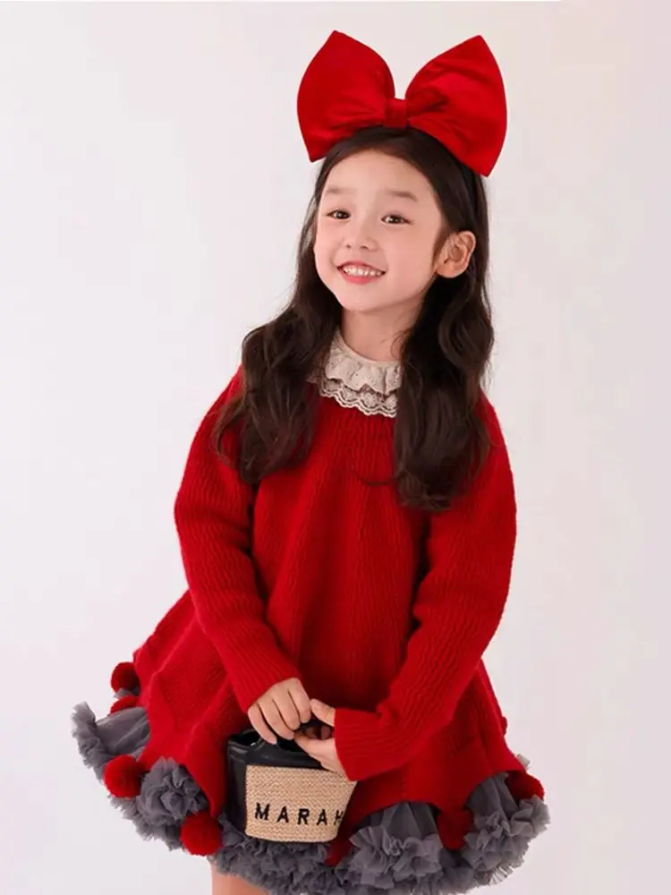2-10Years Toddler Kids Knitted Sweaters for Girls Cute New Year Party Clothing Children Red Loose Sweater Tops 3 4 5 6 7 8 9
