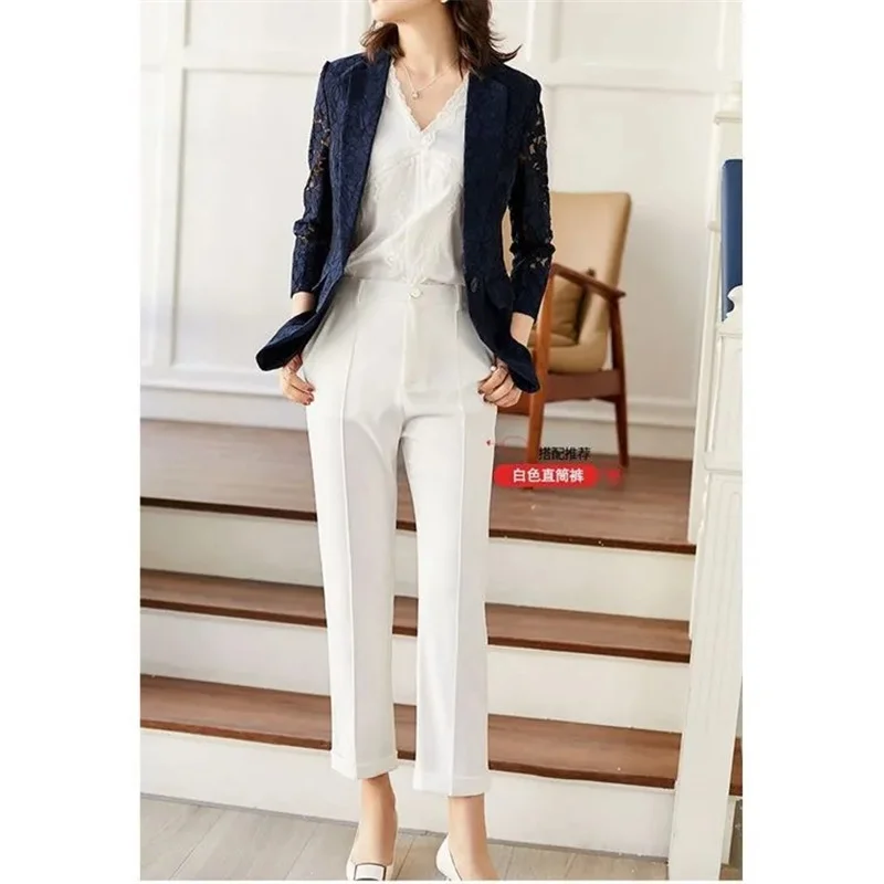 Autunno ed estate Temperamento Protezione solare Hollow Blue Ladies Blazer Donna Top Elegante giacca da abito in pizzo Donna 2025
