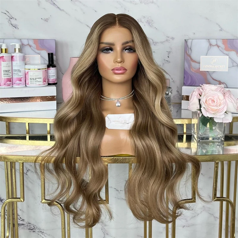 13x4 Ombre Brown Blonde Synthetic HD Lace Front Wig Top Luxury Wig for Women Premium High Heat Fibre Realistic Lace Front Wigs