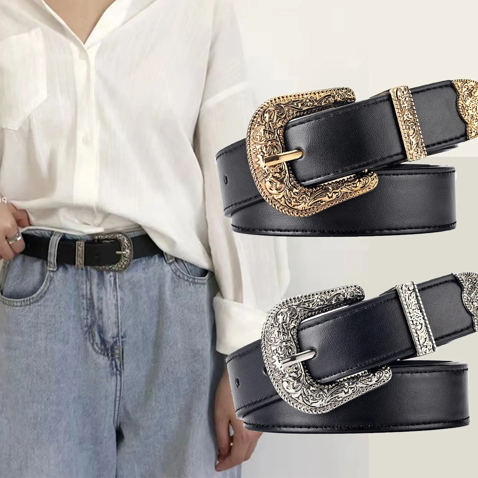 Women'S Belt Vintage Carved Needle Buckle Men's Belt Punk Hip Hop Rock Style Jeans Belt Y2K Belt PU Leather Belt Cheap Lady Belt