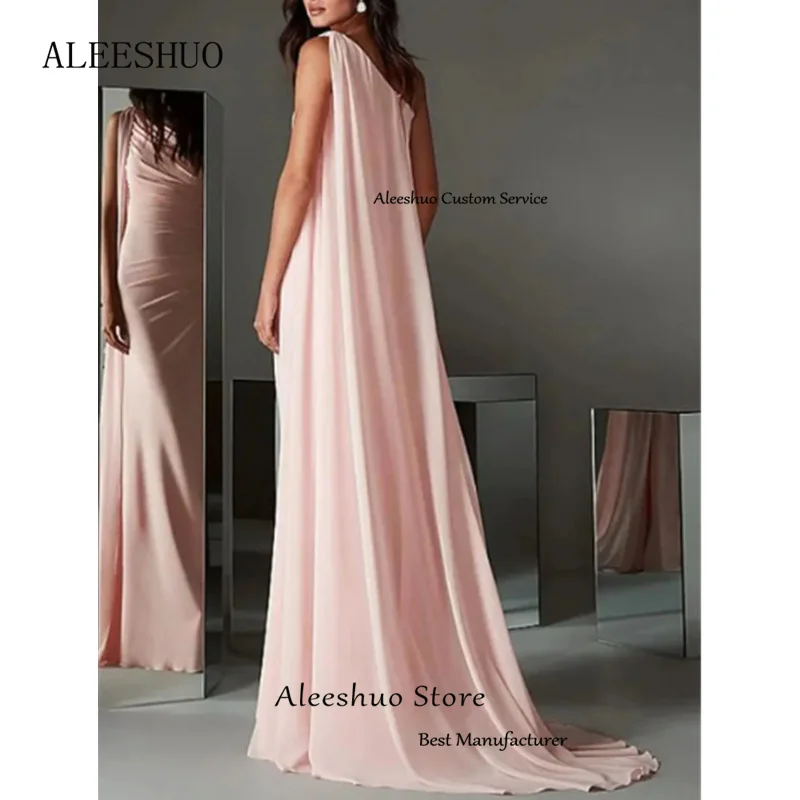 Aleeshuo Elegant Pink One Shoulder Prom Dresses With Cape Mermaid Evening Dress Sleeveless Formal Occasions Vestido De Noche