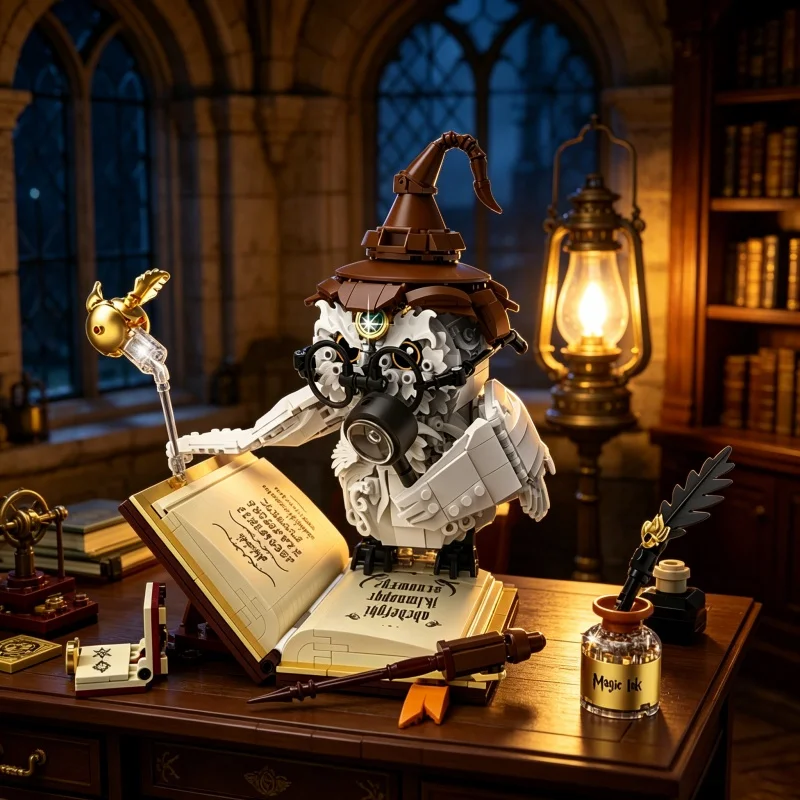 

Magic Owl Building Blocks Retro Wizard Themed Desk Ornament Creative Model Toy Adult Stress Relief Collectible Birthday Gift