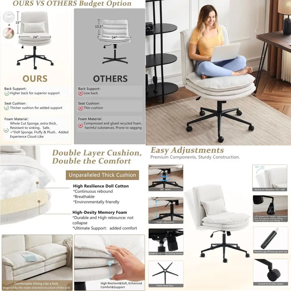 

18 High Back Armless Desk Chair with Wheels, Wide Adjustable Padded Seat, Modern Swivel Home Office Chair, Beige Fabric