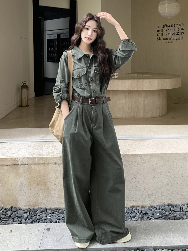 レトロなワークウェアジャンプスーツワイドレッグパンツセット レディース 春秋ファッショナブルなスリーブレスロングパンツ ハイウエストベルト