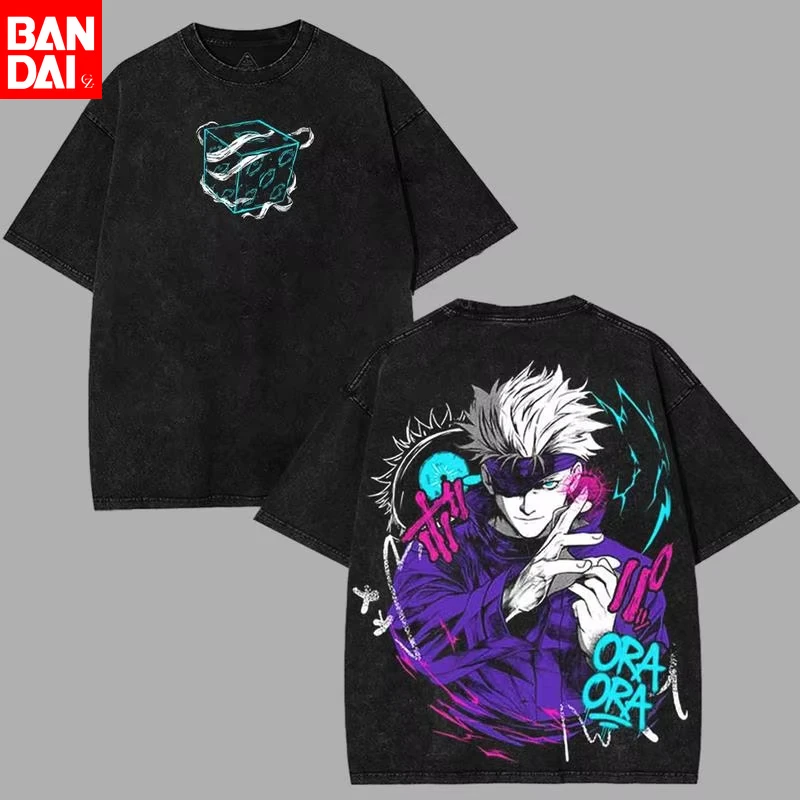 

Japanese Anime Jujutsu Kaisen Satoru Gojo T-Shirt, Retro Washed Black Oversized Tshirt, Harajuku Streetwear for Men and Women