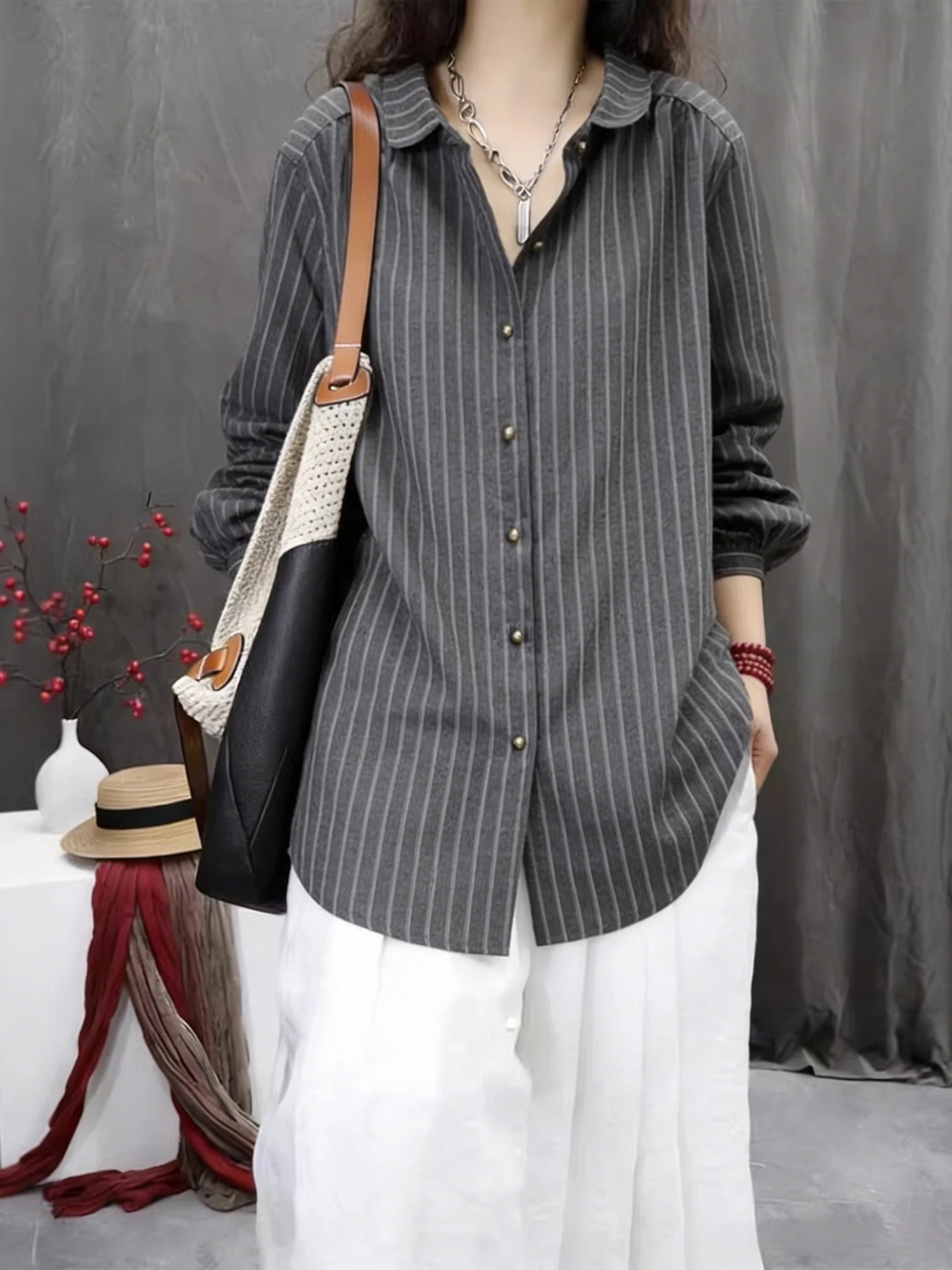 

Модная полосатая повседневная рубашка с длинным рукавом для женщин больших размеров, в ретро-художественном стиле, прямого кроя, на все времена года, цельная модель