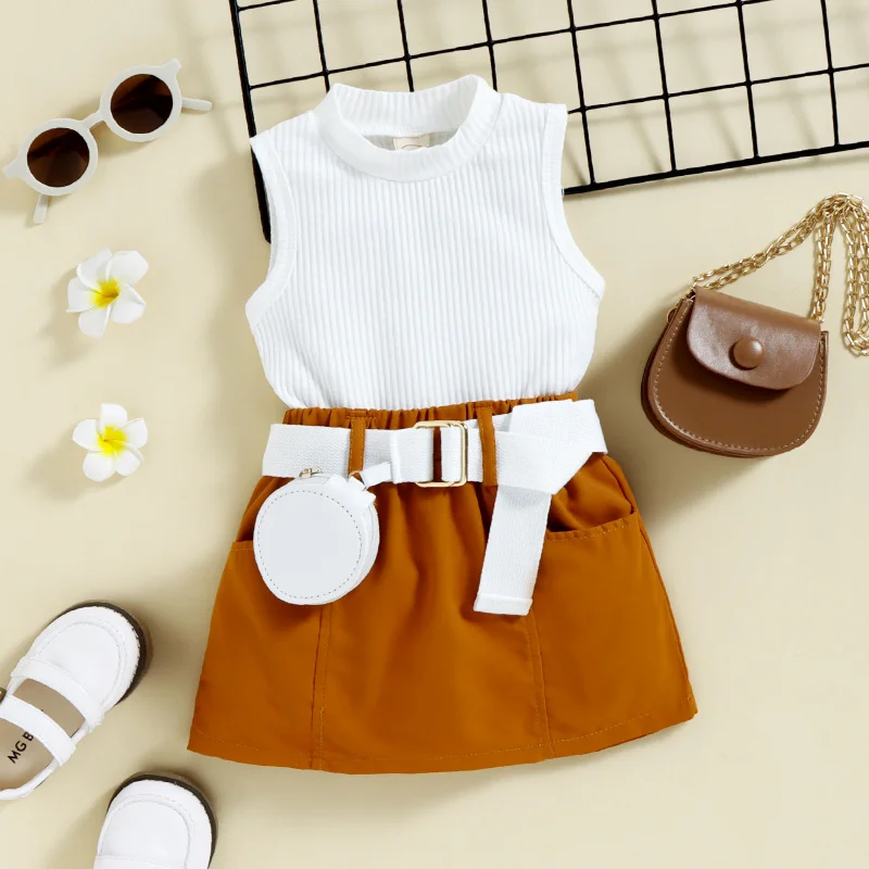 Girls' Summer Fashionable ClothingcoolCotton Vest TopTShort Skirt with Waist Bag Set In Stock Direct Shipping