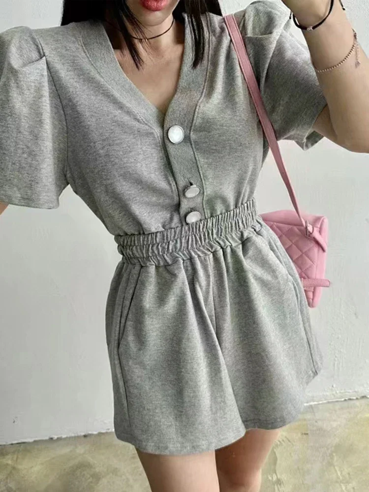 Two Piece Casual Loose Simple Basic Women Matching Set Gray Black Pink V-neck Set Chic Summer New Slim Solid Color Matching Set