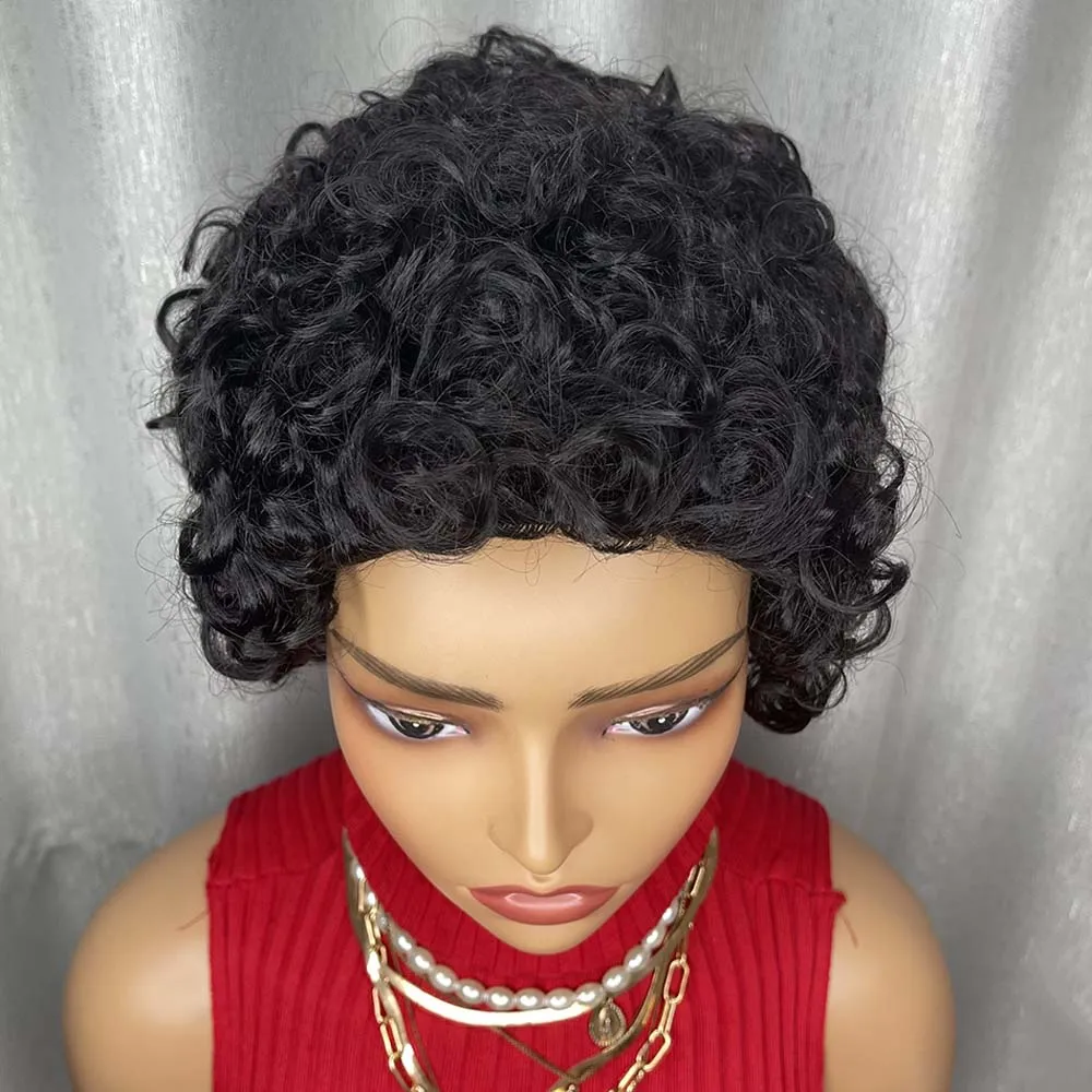 흑인 여성을 위한 짧은 곱슬 픽시 가발 브라질 인모 기계 제작 천연 블랙 밥 가발 일상용