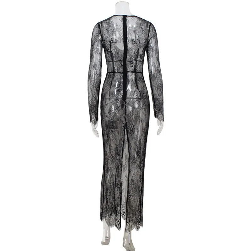 Vrouwen Sexy See Through Ruches Split Bodycon Maxi Kanten Jurk V-hals Volledige Mouw Slim Party Clubwear Lang Gewaad Mode Cover Ups