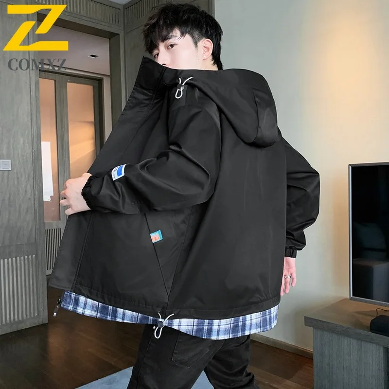 COMXZ Men Hooded Jacket 2025 Grid Splicing Outdoor Windproof Adventure Hiking Camping Hunting Jackets Autumn Adventure Outerwear