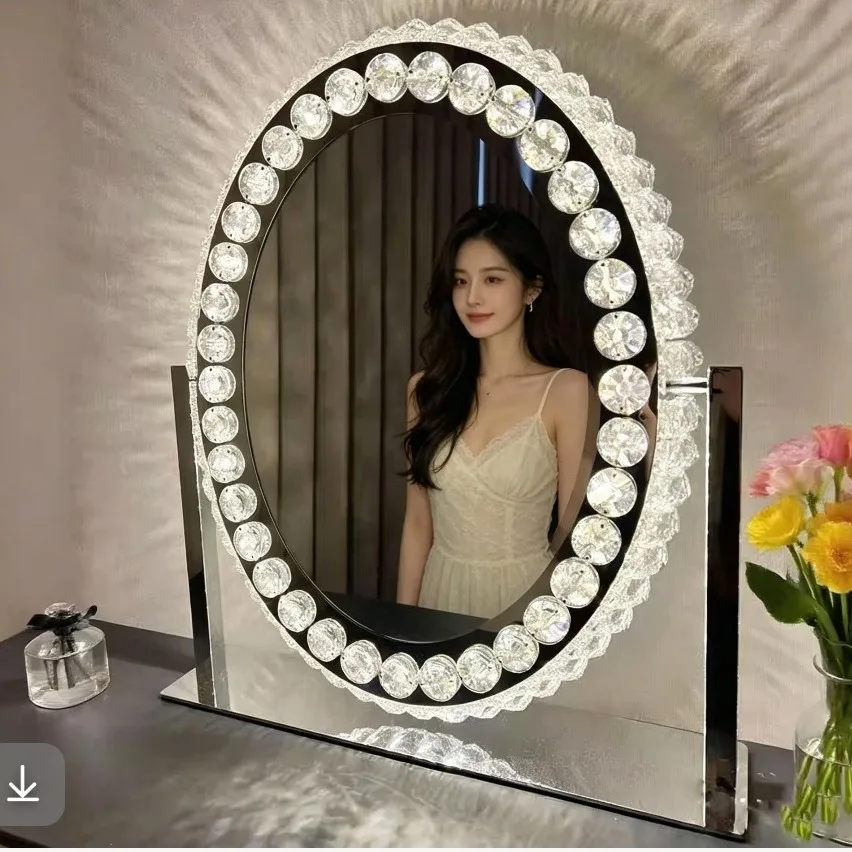 DSA Home Crystal Makeup Mirror, Light Fill Mirror, Light Touch Mirror, Light Luxury Stainless Steel Rotating Tabletop Vanity