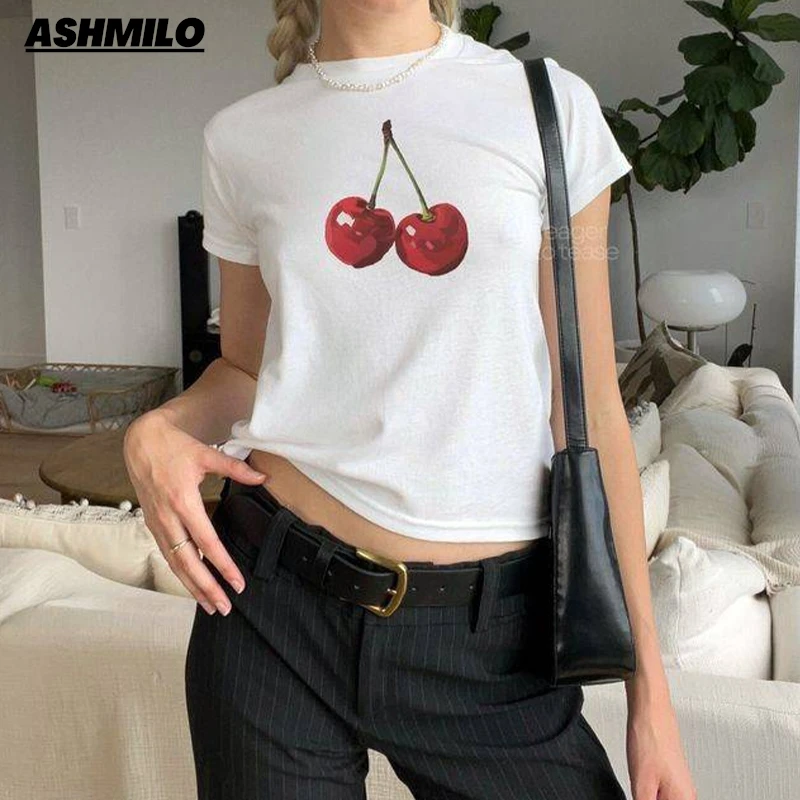 Cherry Print t-shirt Summer Y2k Aesthetic Vintage Women\'s Trendy Cute Coquette Baby Tee Short Sleeve Crop Top Women\'s Clothes