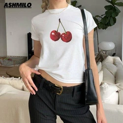 Cherry Print t-shirt Summer Y2k Aesthetic Vintage Women's Trendy Cute Coquette Baby Tee Short Sleeve Crop Top Women's Clothes