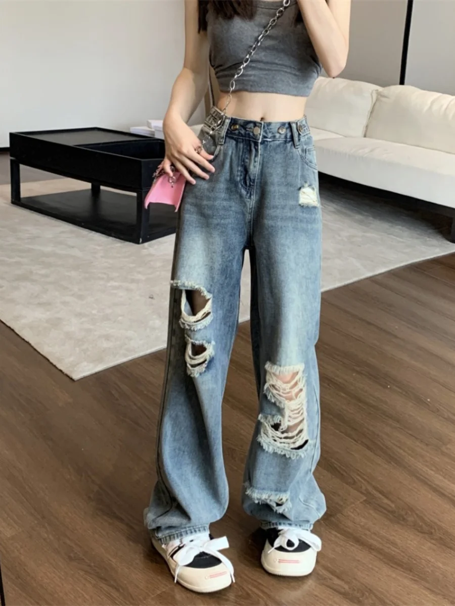 

Retro Hole Design Women's Jeans Loose Hong Kong Style Autumn Winter plus Size Slim Straight Leg Floor-Length Pants