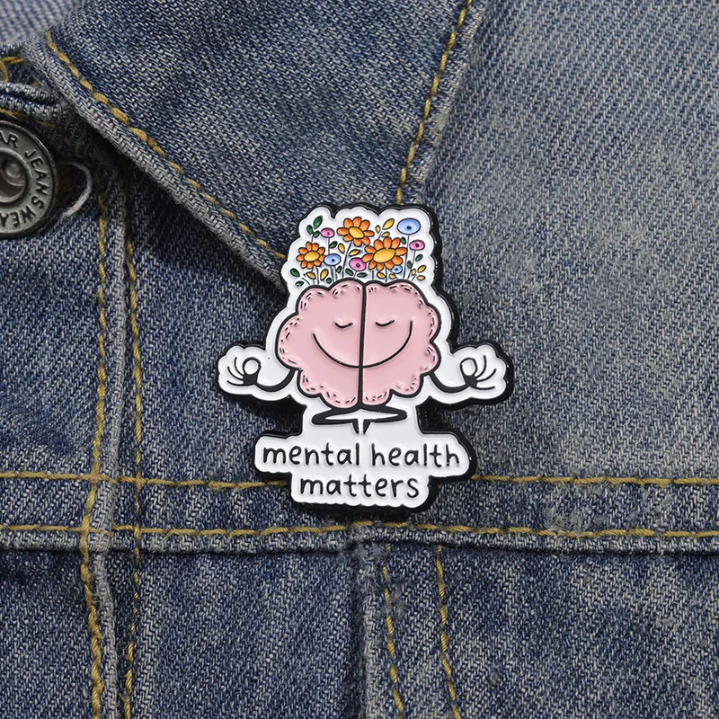 Cute brain mental health Enamel Pins Cartoon Flowers Brooch Backpack Lapel Badges Funny Jewelry Friends Gifts