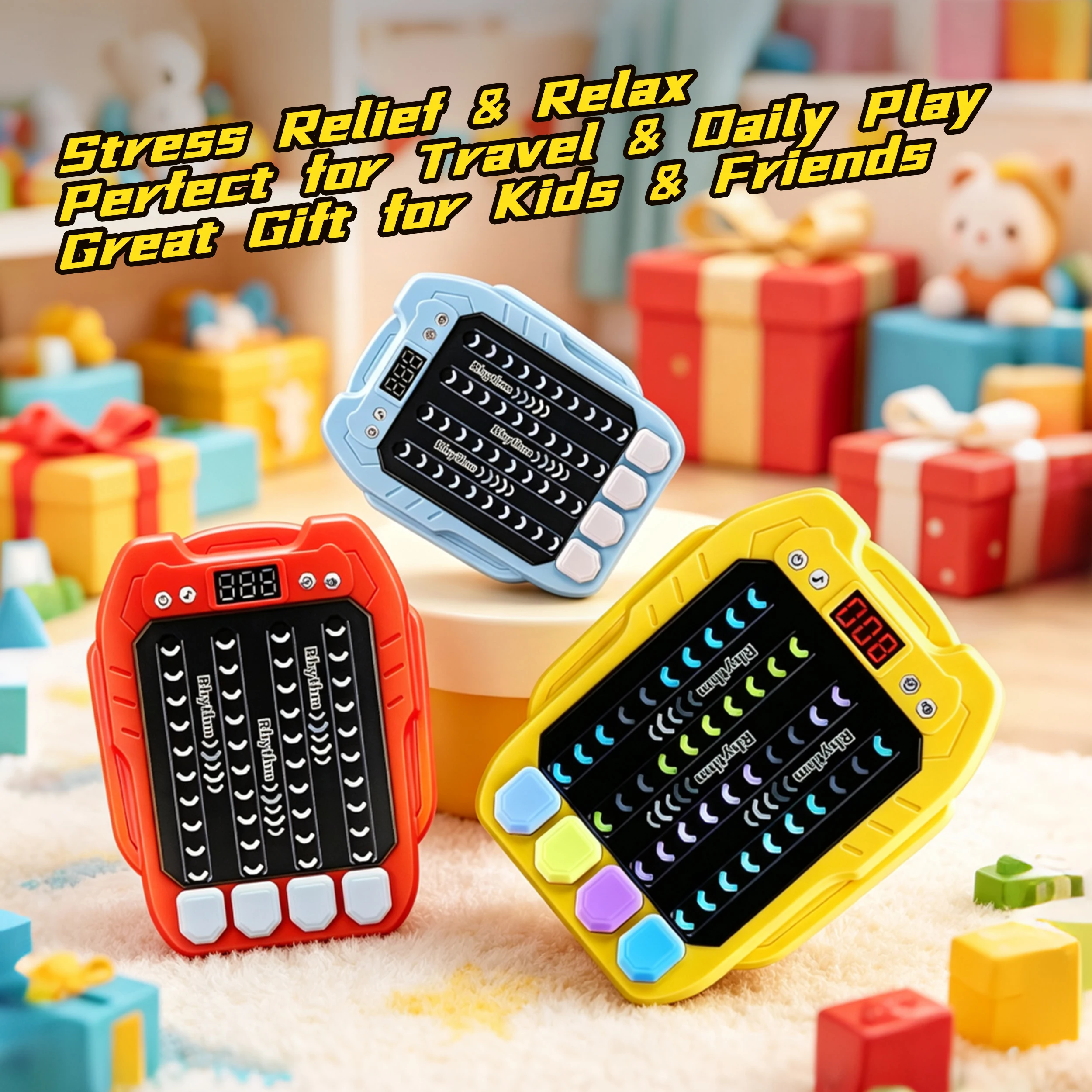Mini máquina de jogo de ritmo portátil, brinquedo musical eletrônico com luzes para crianças, alívio do estresse