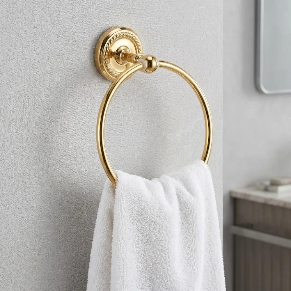 Vintage Style Copper Towel Ring Round Glossy Hand Feel Towel Rack Wall Mounted Golden Round Towel Holder Bathroom Accessories