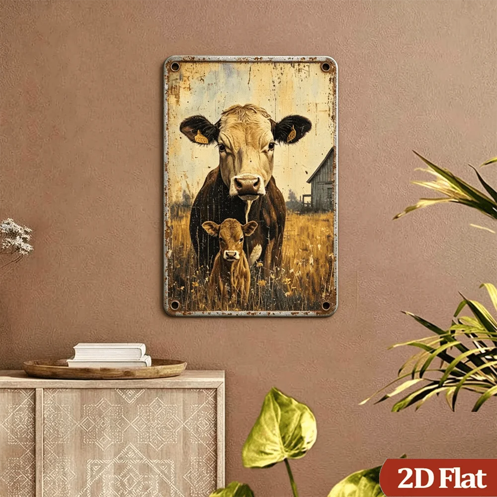 8*12inch Vintage Cow and Calf Metal Sign, Rural Grassland Barn Farm Animal Wall Art, Rustic Farmhouse Country Metal Plaque Indoo