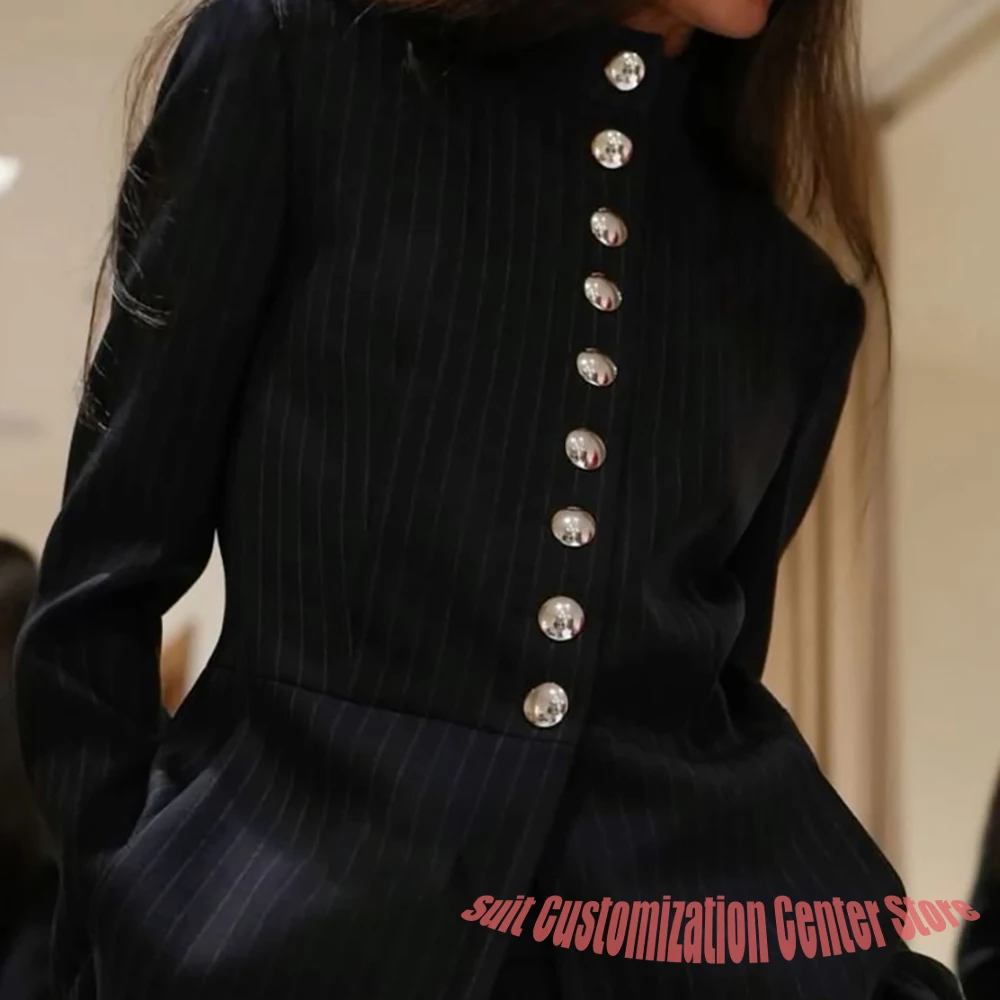 بدلات نسائية أنيقة مقلمة مكونة من قطعتين (سترة + بنطلون) مع ياقة واقفة ذهبية واحدة الصدر ملابس مكتب الأعمال للسيدات