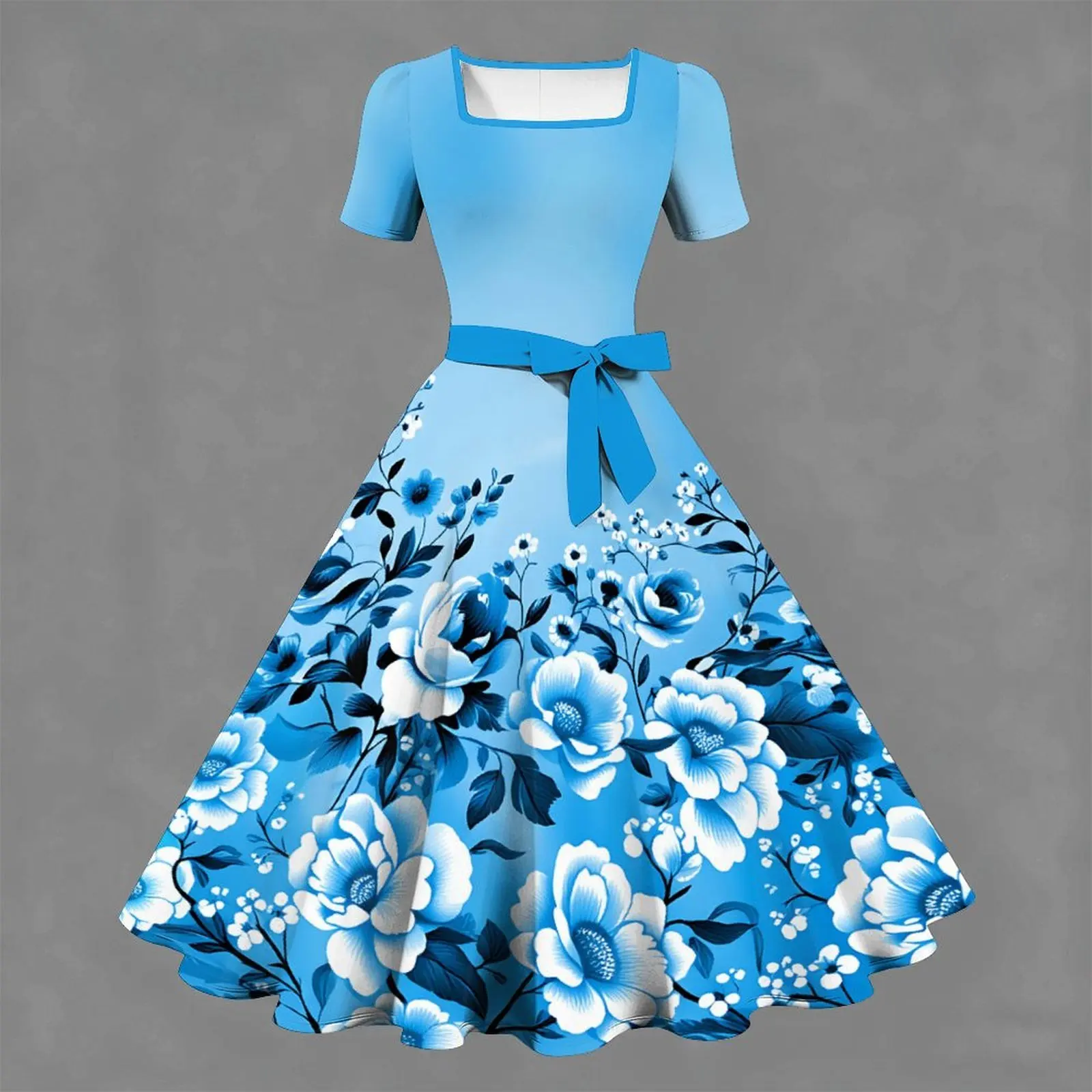 Retro Style Women's Printed Square Neck Slim Knee Length Skirt Daily Casual Beach Party Short-sleeved Dress