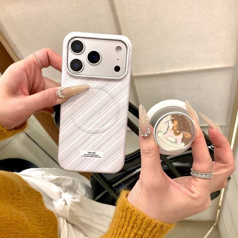 

Fashion Green Pink Stripes Magnetic Phone Case For iPhone 16 Pro 17 15 Pro Max Back Cover with Holder For Magsafe Hard Cute Case