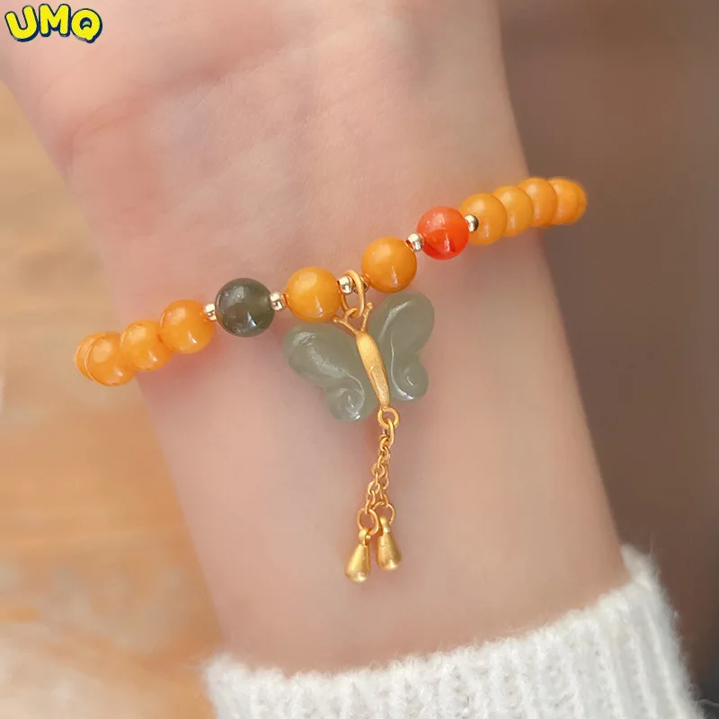 

5.5mm Natural Bead Chicken Oil Yellow Honey Wax Bracelet Female Hotan Jade Butterfly Pendant Pair with Jasper Red Hand String